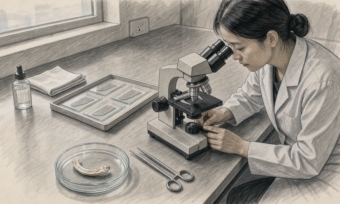 An illustrated technician looks through a microscope beside glass slides and a small curved piece of pale cartilage in a dish.