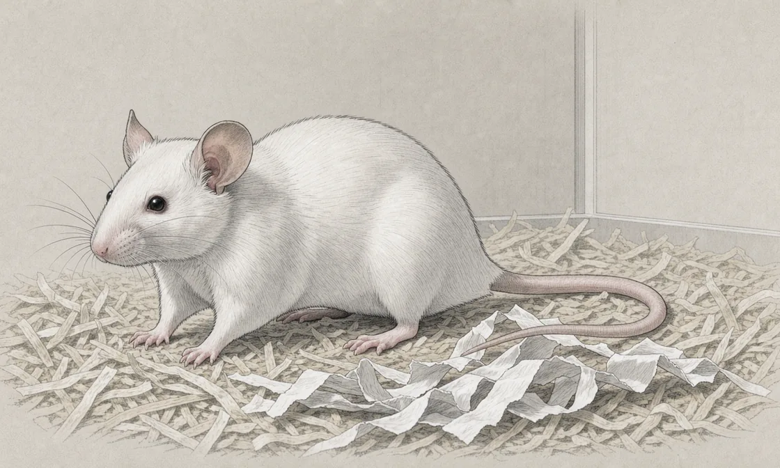 A white laboratory mouse stands beside torn nesting paper on pale bedding in a spacious enclosure.