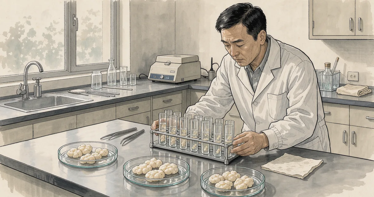An illustrated technician examines glass assay tubes beside small dishes of pale tissue on a laboratory bench.